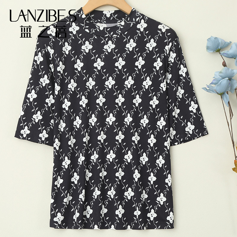 L女士真丝针织五分袖T恤桑蚕丝时尚印花宽松套头半高领上衣M6416