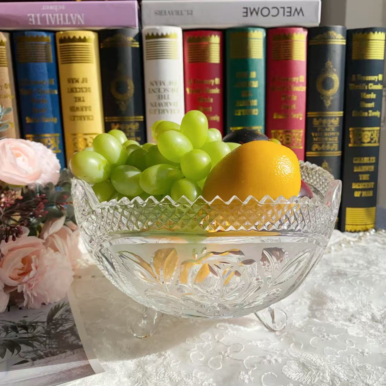 欧式复古刻花切割三足水晶果盘