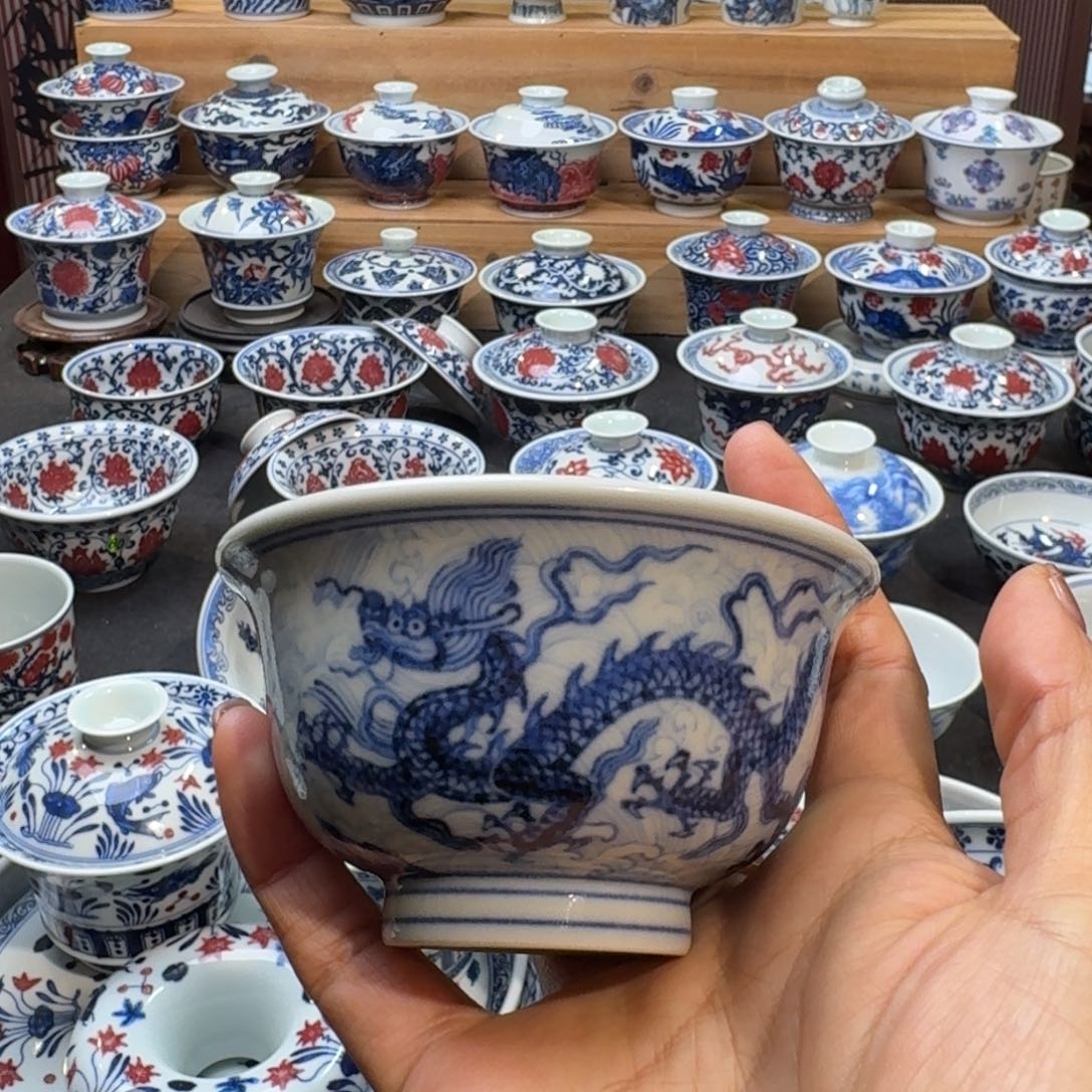 凉***了龙纹压手杯柴窑手绘