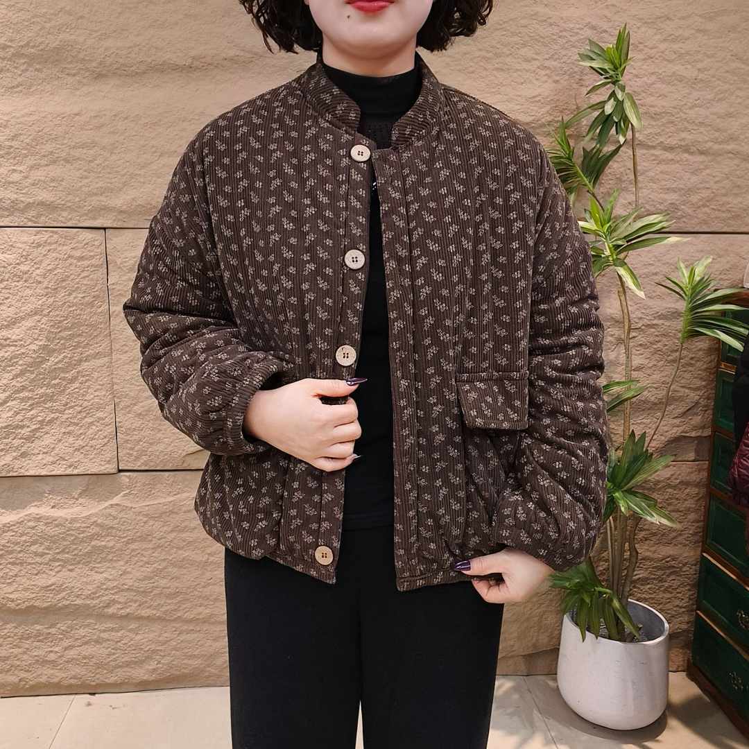 2026新款收口袖碎花长袖保暖时尚短款棉衣棉服加绒宽松女士外套