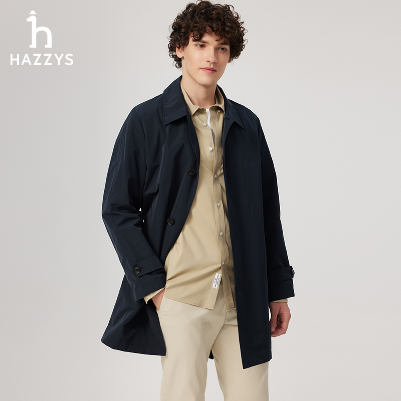 【商场同款】Hazzys哈吉斯中长款春秋季男士商务休闲风衣纯色外套