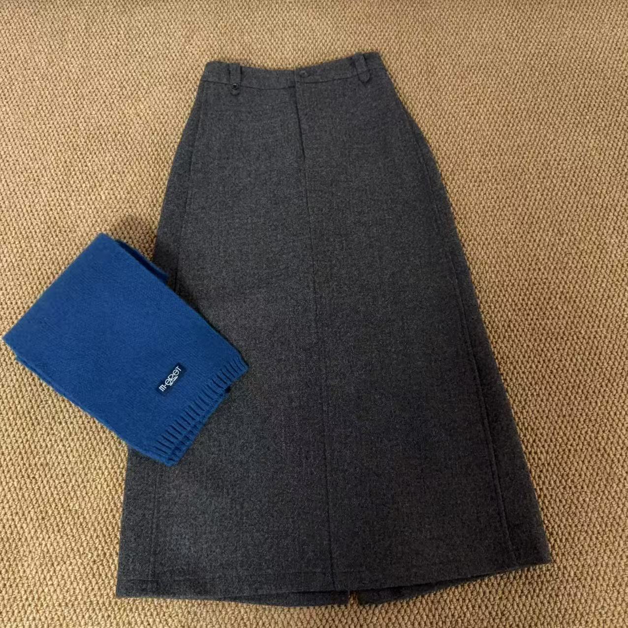 【那尚新品】秋冬新款高腰显瘦小A版毛呢开衩半裙