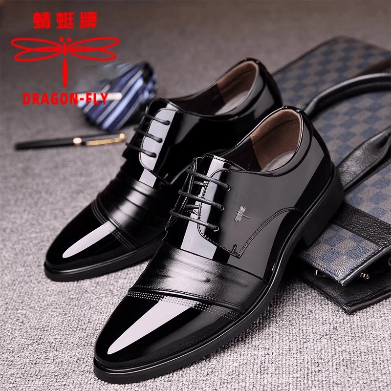 蜻蜓牌皮鞋男秋季新款商务正装男士内增高真皮棕色高档新郎结婚鞋