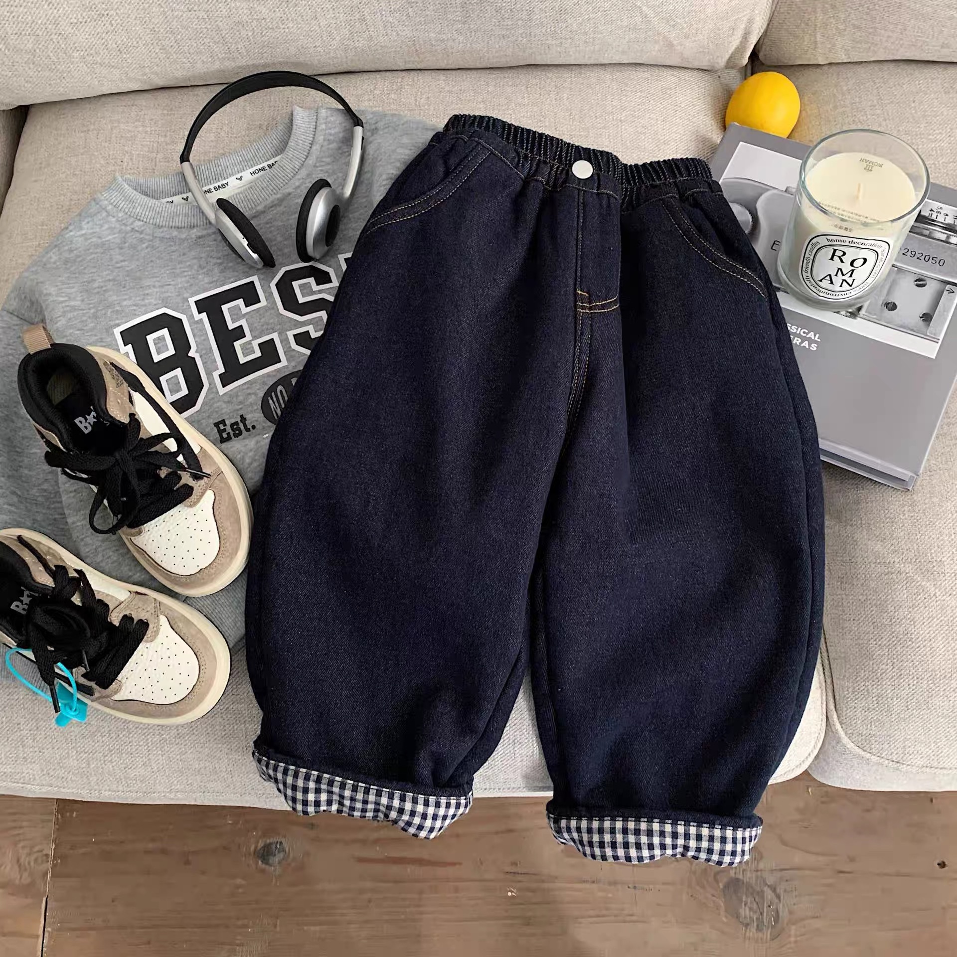 童装男童加绒牛仔裤秋冬季2025新款儿童翻边格子边加厚保暖棉裤子