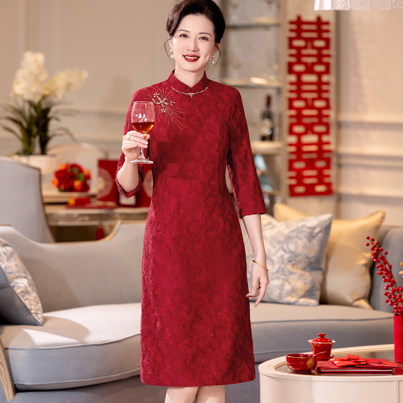 旗袍婚宴装2025喜婆婆喜妈妈礼服妈妈年轻大码蕾丝小A裙6606