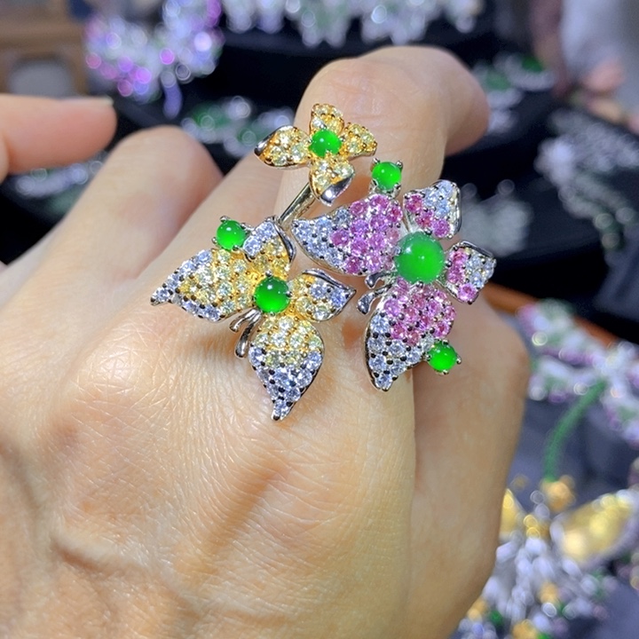 翡翠戒指银S925镶嵌天然翡翠