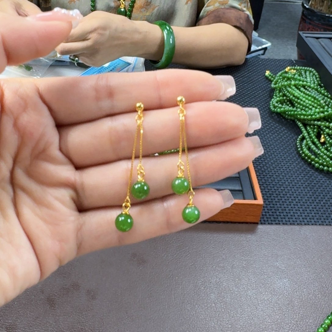 和田玉（碧玉）银S925镶嵌耳饰