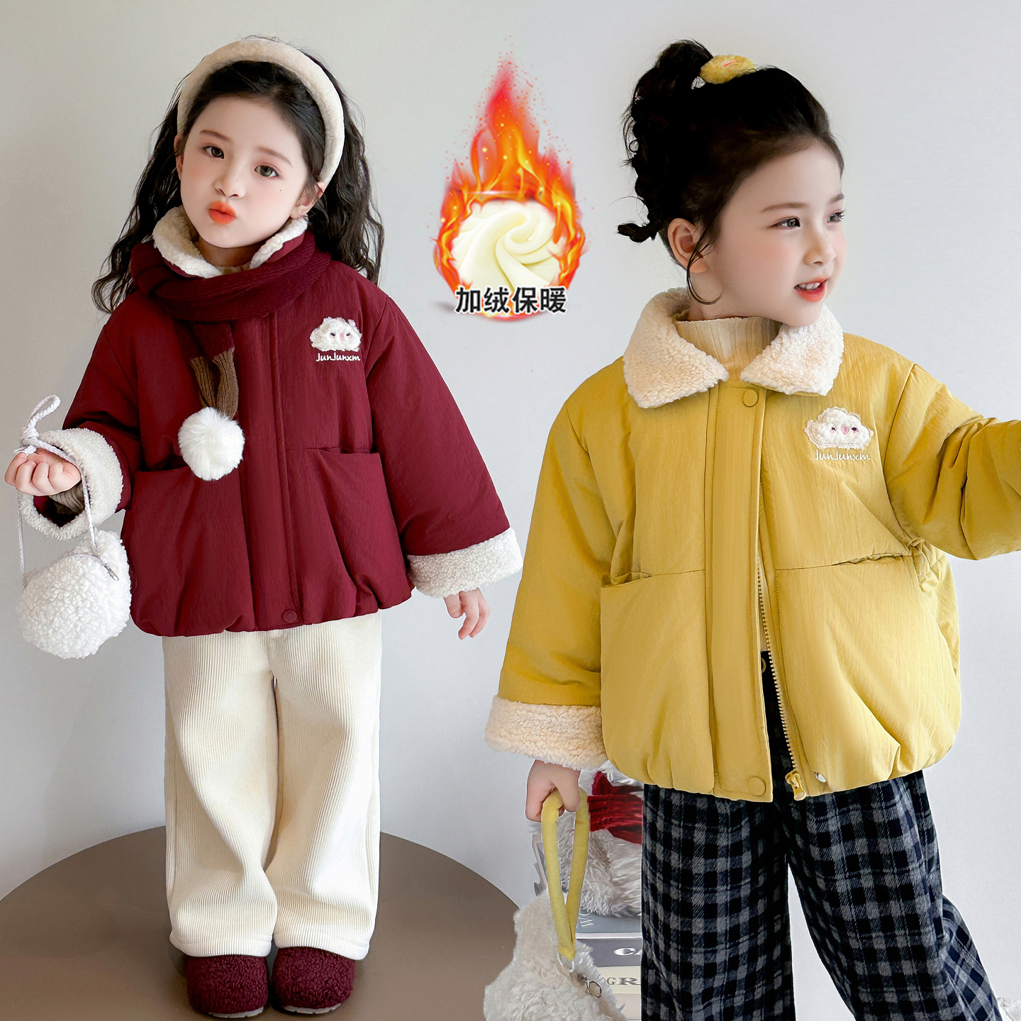 女童加绒加棉加厚绣花棉服外套冬季2025新款洋气女孩时髦保暖棉袄