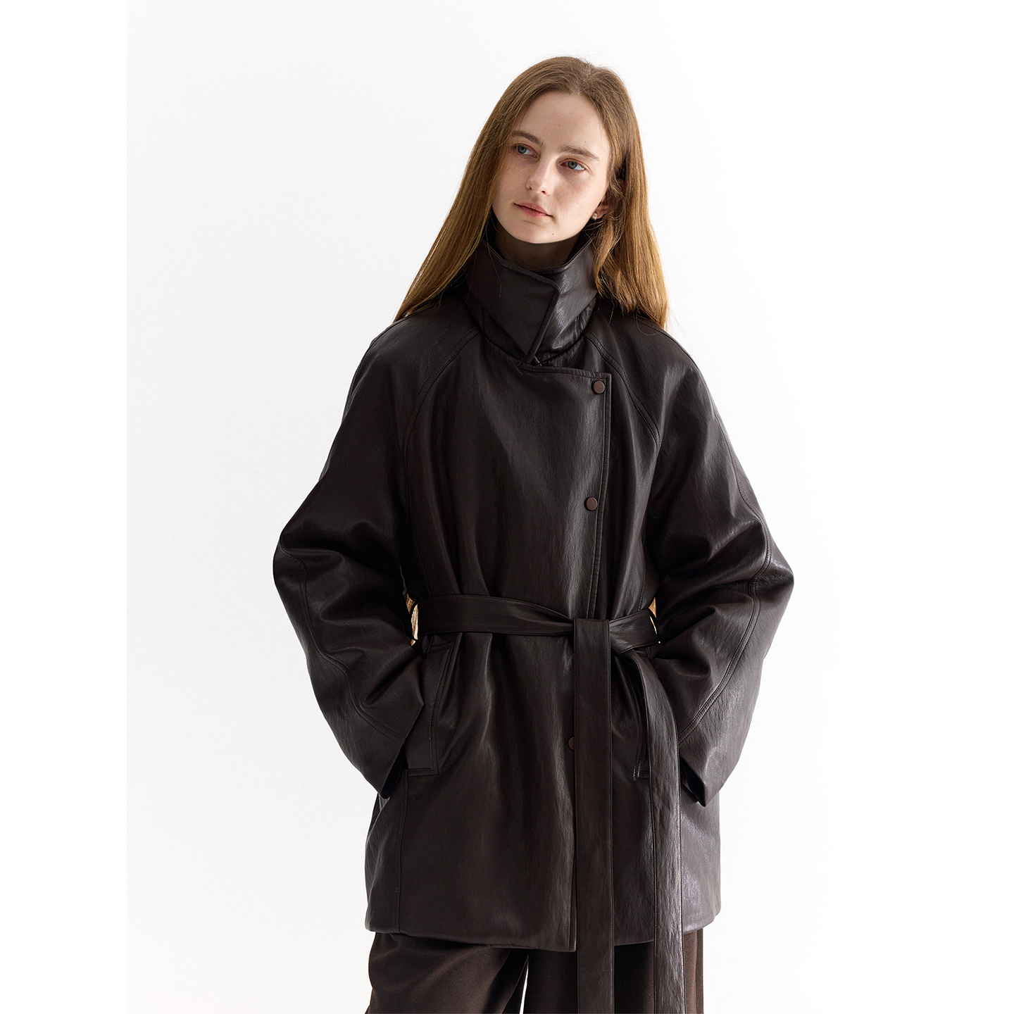 CHALAMON夏拉蒙【KOC】 复古翻领斜门襟皮衣内里充绒保暖羽绒服