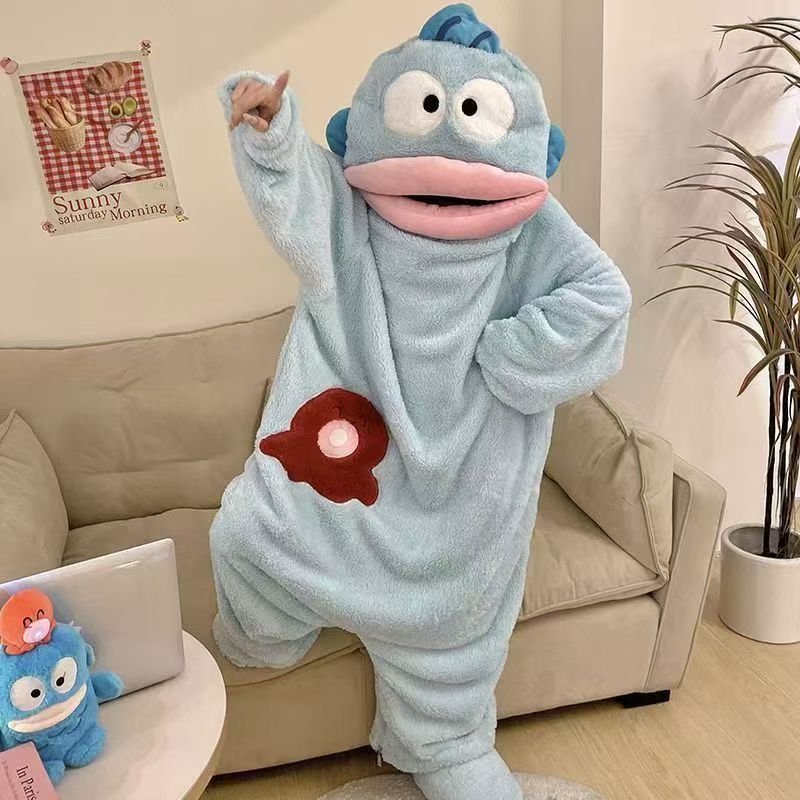 丑鱼睡袍厚款卡通动漫长袖睡衣睡裙女连帽秋冬纯色保暖