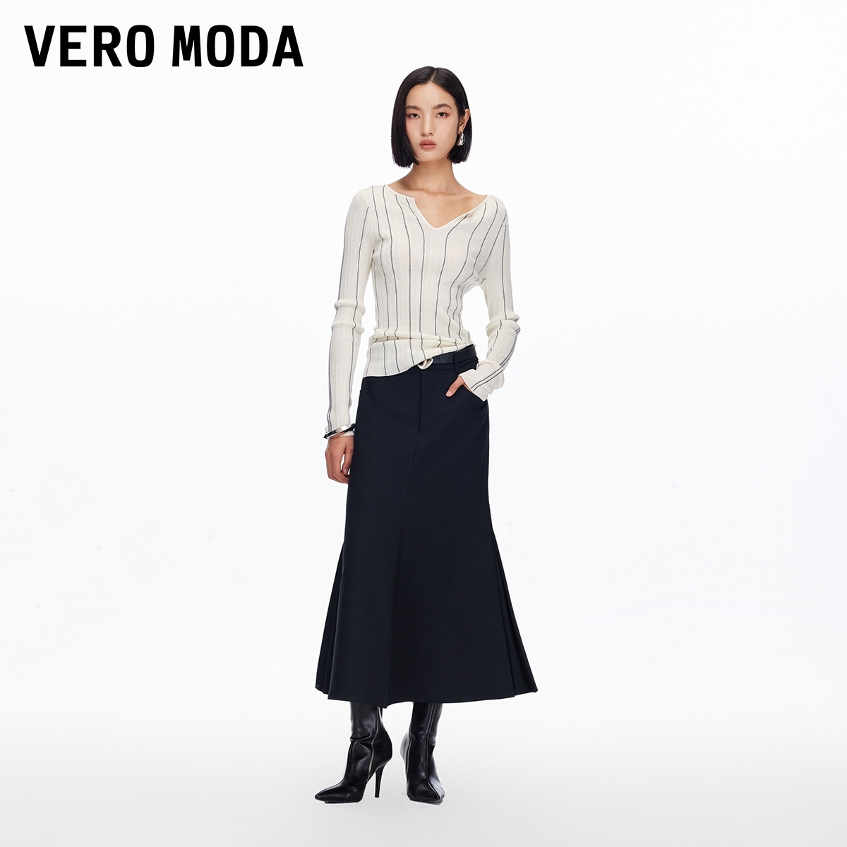 Vero Moda半身裙2025秋高腰显瘦通勤百搭鱼尾裙老钱风松弛感女装