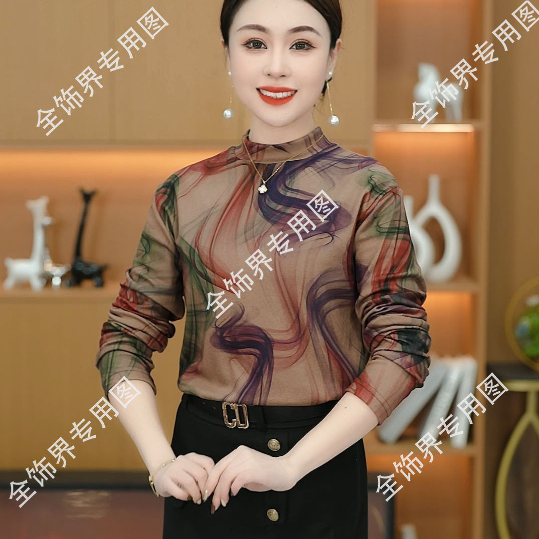 冬季双面德绒中老年打底衫印花半高领小衫离子发热保暖长袖上衣