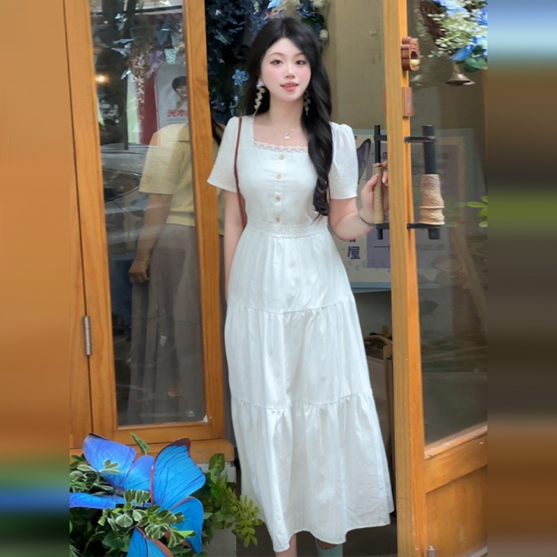 2984白色连衣裙子女夏季2025新款温柔风收腰气质绝美长裙初夏穿搭