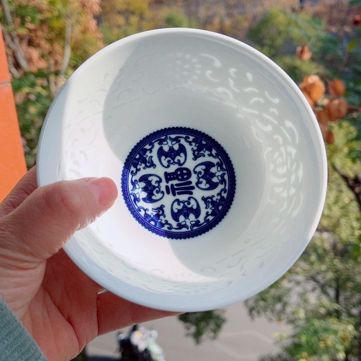 青花玲珑5寸饭碗满雕满福