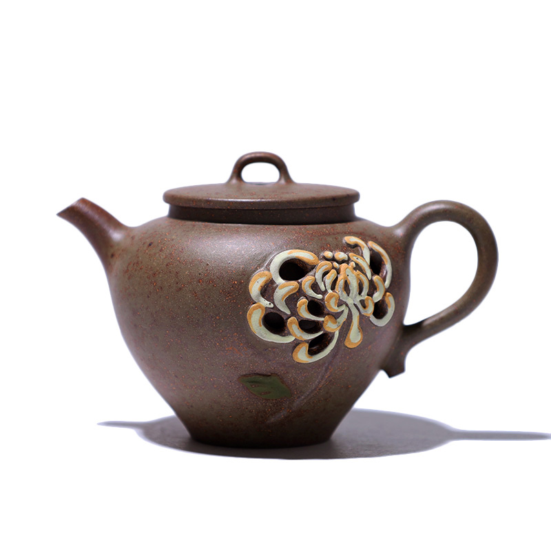 大吉羊柴烧 宜兴紫砂壶手工茶壶 本山绿泥秋华120ml徐雅