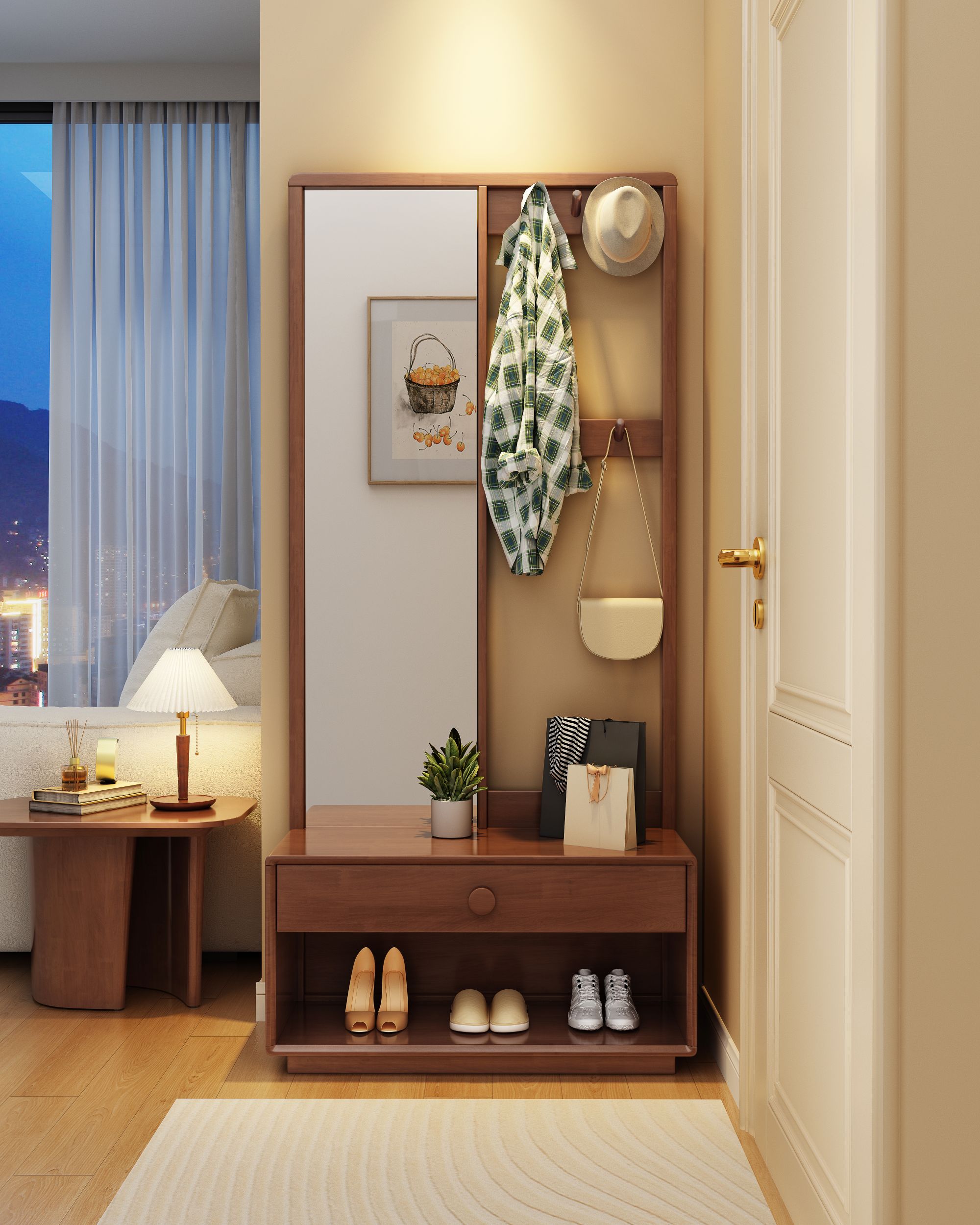 实木衣帽架落地入门换鞋凳挂衣架一体穿衣镜多功能卧室衣服试衣镜