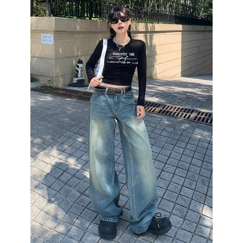 NORNLGGER复古蓝直筒老钱风弯刀牛仔裤女春秋季新款女装子女