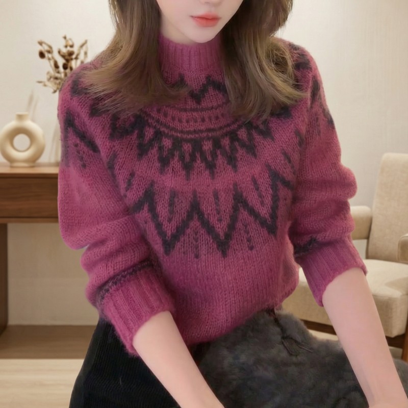 时尚设计感提花长袖针织衫洋气慵懒套头毛衣W2-55