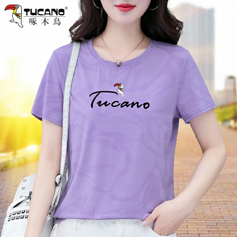啄木鸟冰丝短袖t恤女2025年新款夏季薄款凉感上衣半袖妈妈装体恤