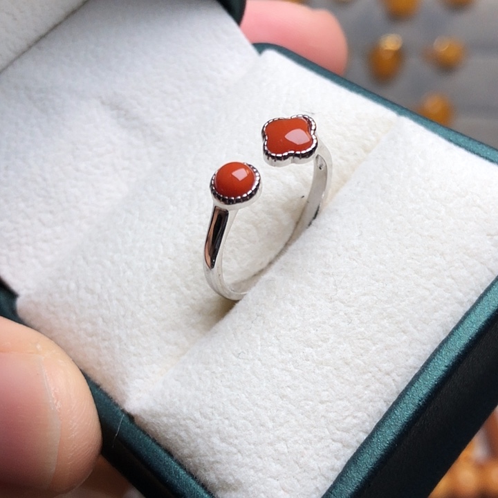 南红玛瑙银S925镀金镶嵌戒指