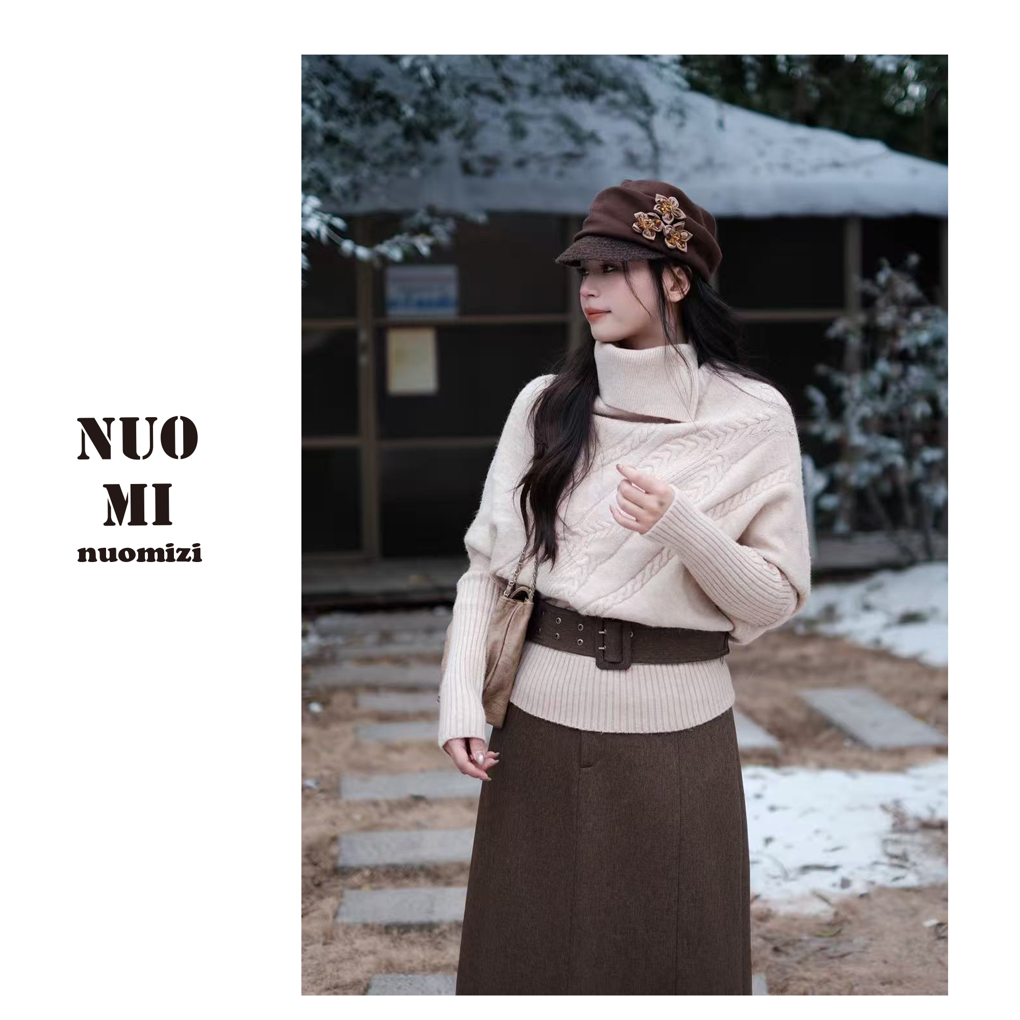 ZOZ糯米子[暖意融融]绞花宽松上衣收口下摆不对称翻领斗篷毛衣