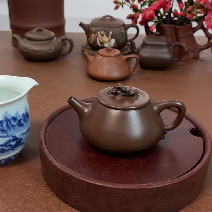 紫砂茶壶石瓢太湖石深井老紫泥