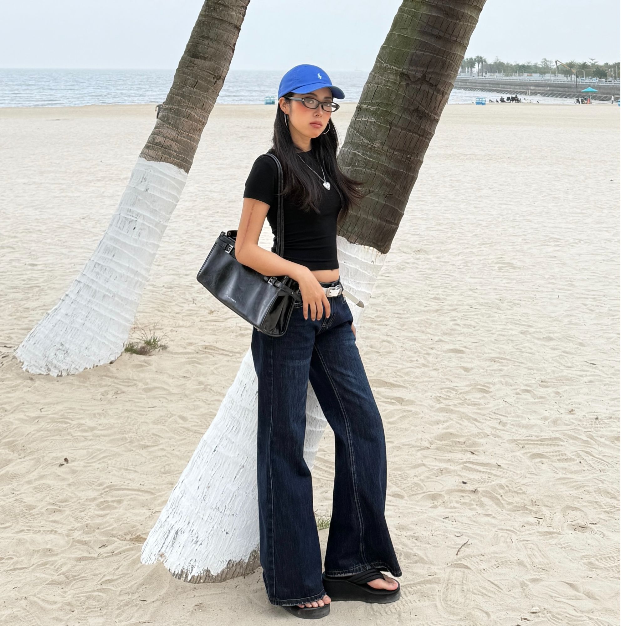 MIMIETTE小个子复古深蓝低腰阔腿微喇牛仔裤显瘦原牛辣妹裤子新款