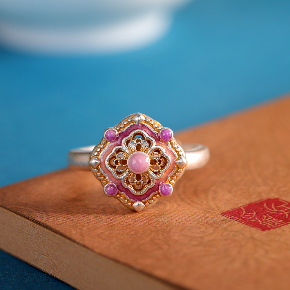 足银戒指 新中式999花丝珐琅戒指女小众高级感开口食指环