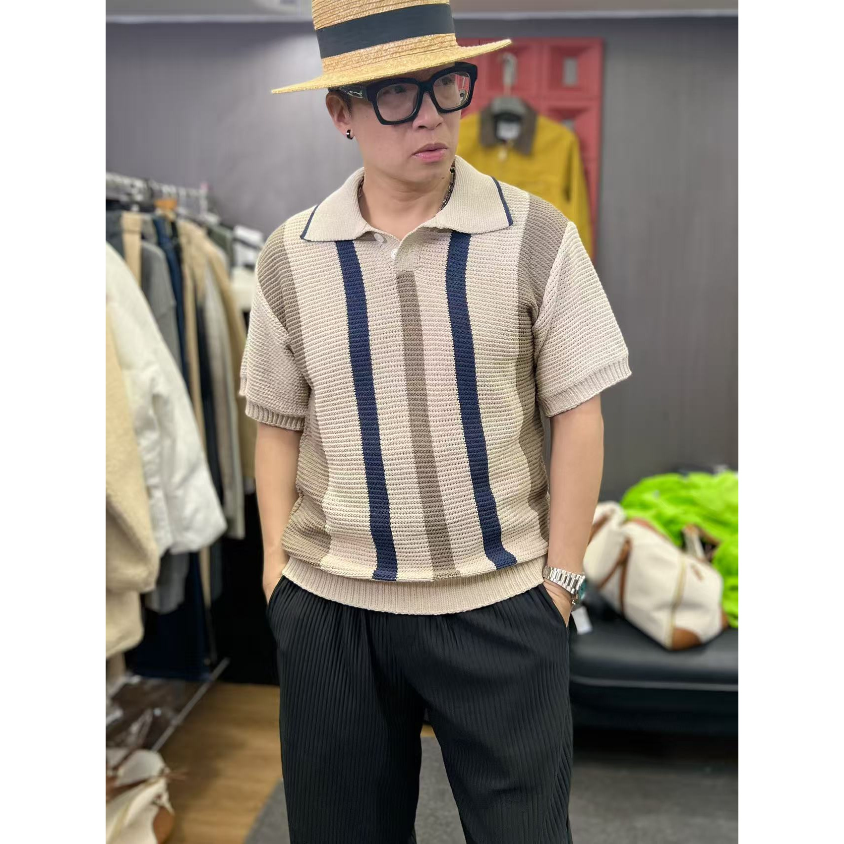 31652-夏装夏季韩版短袖洋气撞色免烫百搭翻领纽扣Polo衫条纹