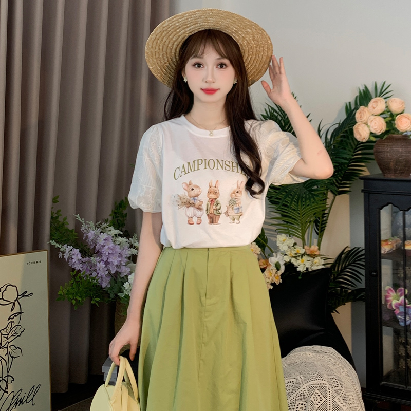慕兔ins韩系兔子印花短袖t恤女2024夏季新款小个子百搭白色上衣