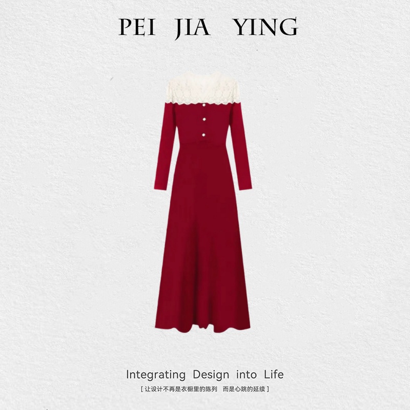 女装秋冬新款时尚法式优雅气质高级感拼接蕾丝显瘦加厚长款连衣裙