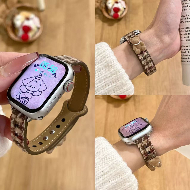 适用于苹果S11手表iwatch10987SE小熊千鸟格钉扣
