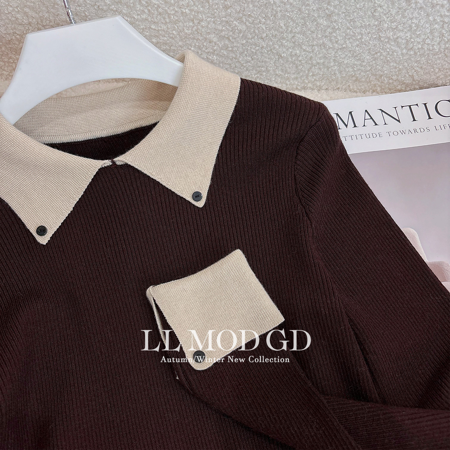 视觉焦点 通勤百搭翻领假两件设计气质显瘦绵羊毛针织XR-6200368