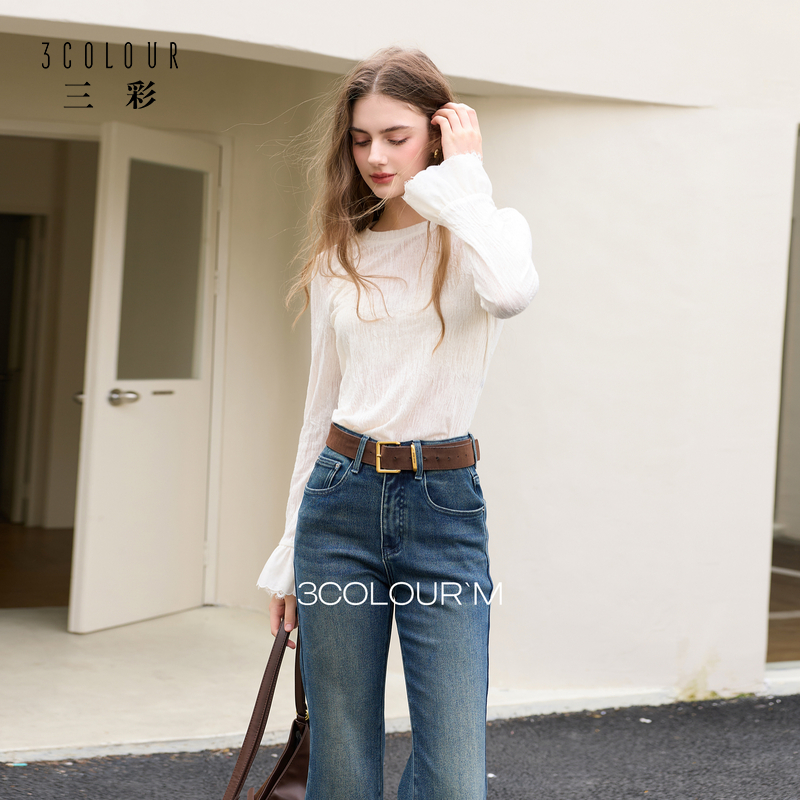 三彩2025冬季新款肌理感蕾丝衫提花圆领小衫喇叭袖修身M