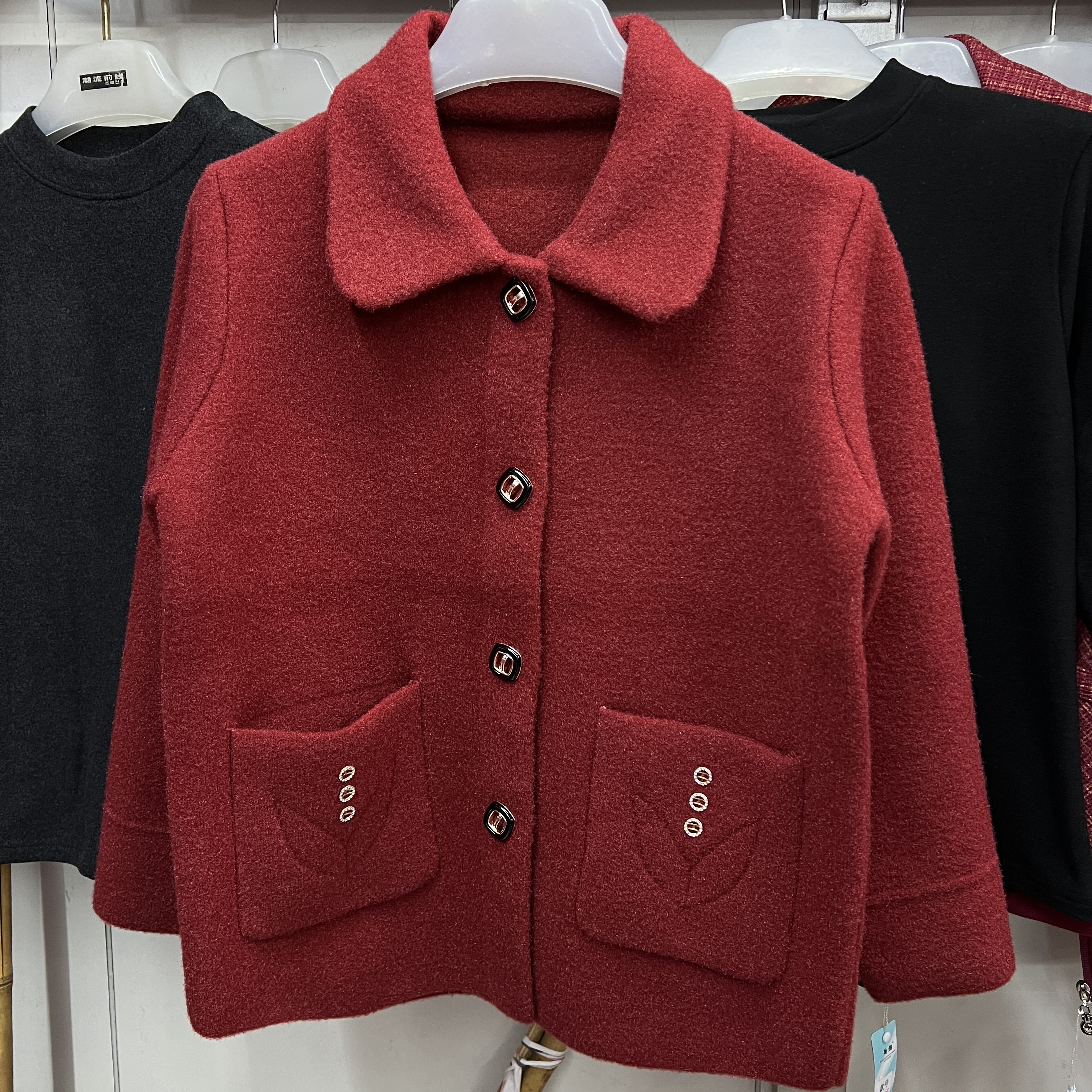 【金夫人妈妈装】中老年秋冬外套奶奶红色喜庆水晶绒针织大衣