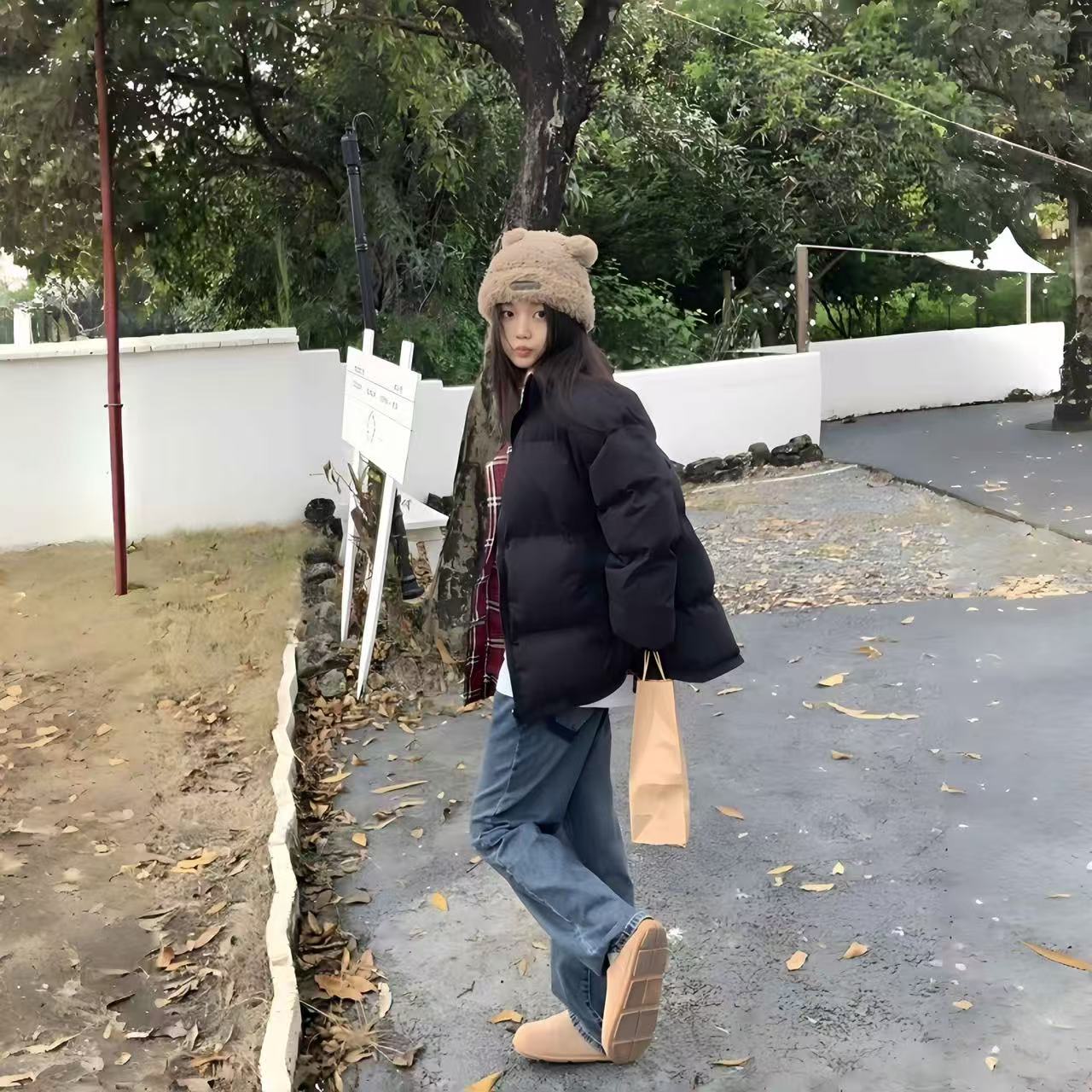 格子拼接立领棉衣外套保暖面包服加厚