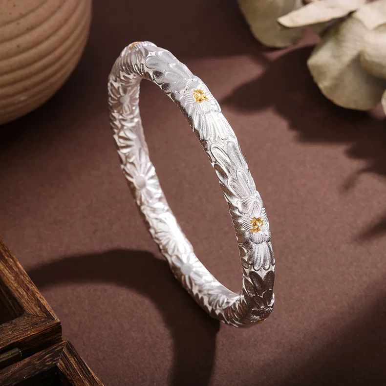 足银手镯 999.9锤纹点金牡丹百搭闭口手镯浮雕芳华手镯【LW】-50号