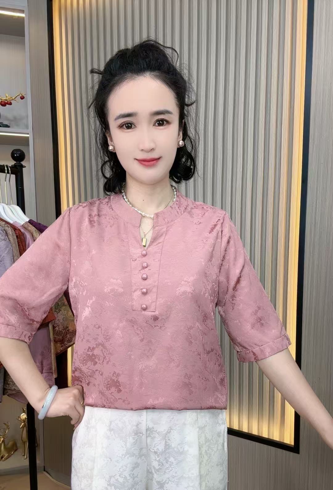 【金粉世家】中老年妈妈装高端时尚遮肚显瘦百搭气质立领上衣国风