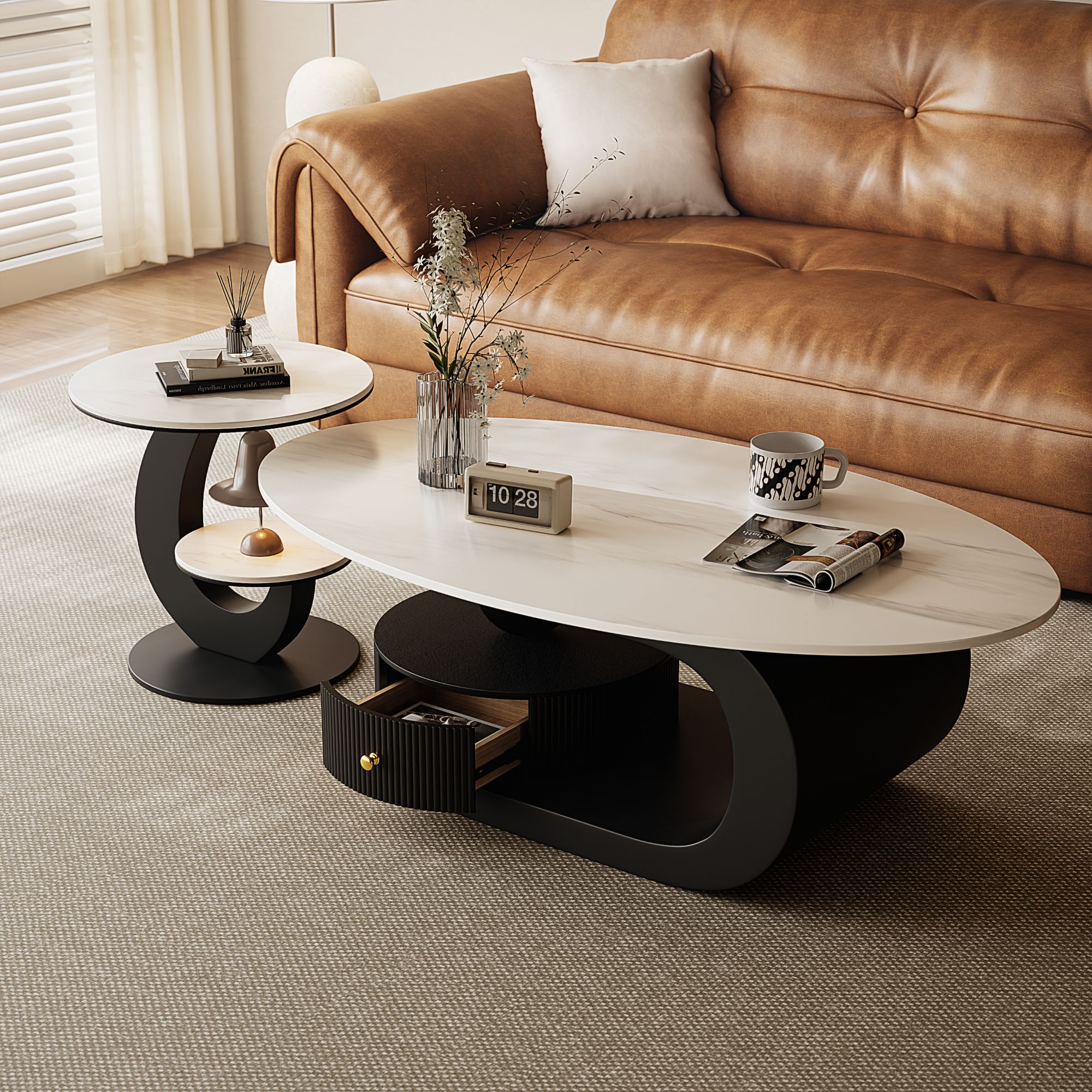 意式轻奢椭圆形岩板茶几组合小户型客厅家用带抽屉茶几客厅家用