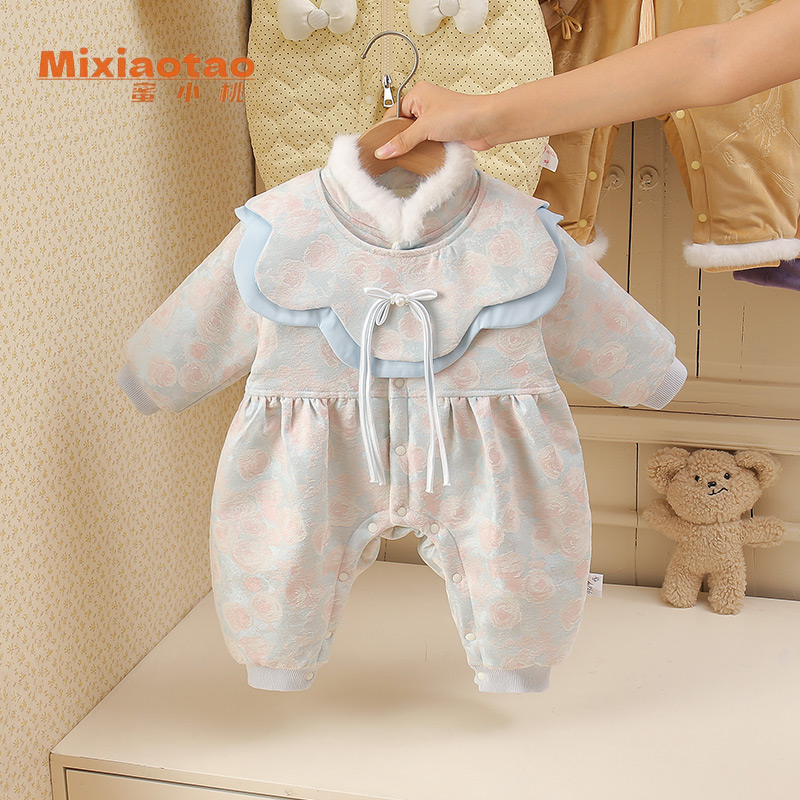 冬款青黛加厚外出服冬季加厚连体婴儿宝宝衣服哈衣长袖国风幼儿