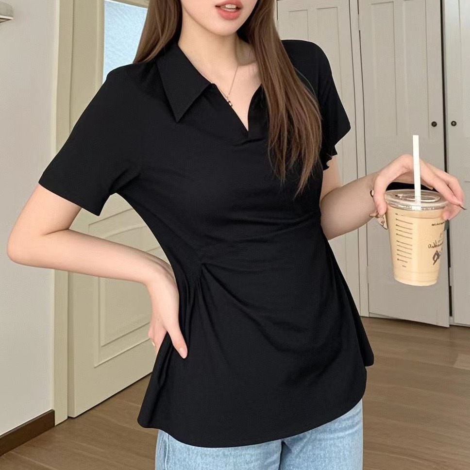 胖MM晚 D25058时尚翻领T恤夏季新款洋气百搭显瘦上衣