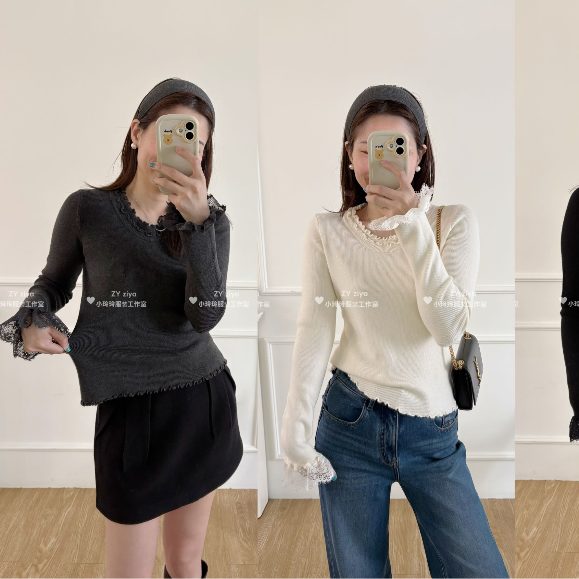 温柔氛围拼接蕾丝木耳边毛衣6952