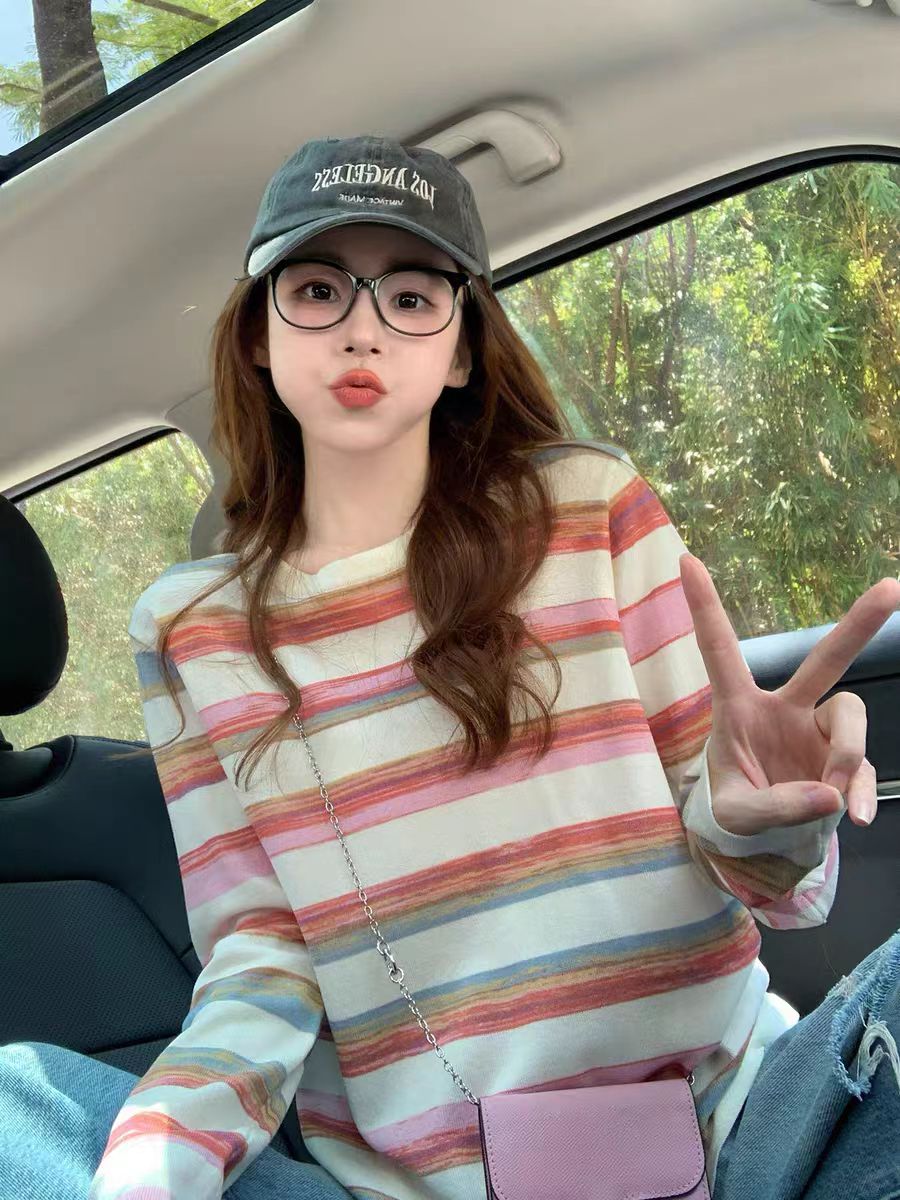 复古撞色条纹纯棉长袖t恤女2025新款冬季正肩宽松显瘦打底衫上衣
