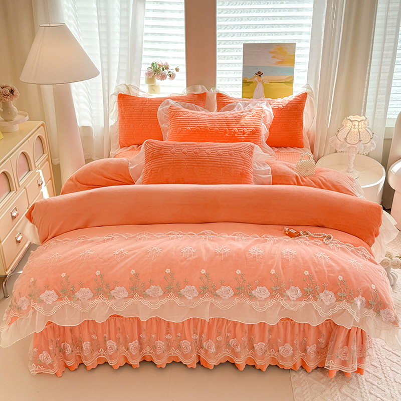 冬季公主风加厚夹棉床盖四件套牛奶绒保暖双面花边被套床裙三件套