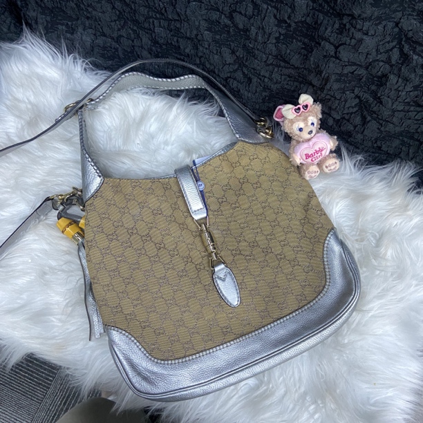 95新 GUCCI/古驰 古驰竹节流苏Jackie单肩包银拼老花