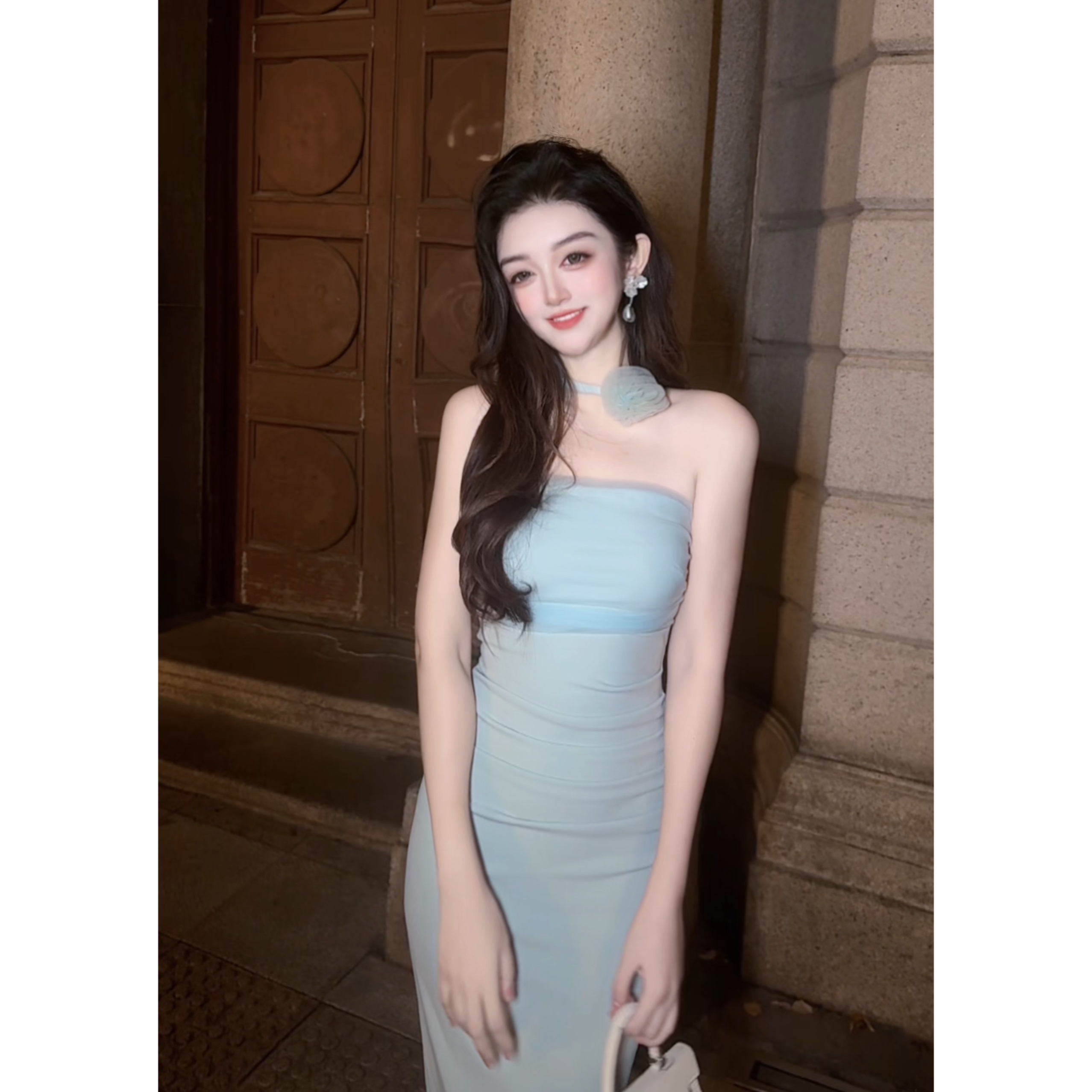 LMMMGOGH【蓝玫瑰】17修身连衣裙显瘦时尚开叉性感法式收腰包臀气质