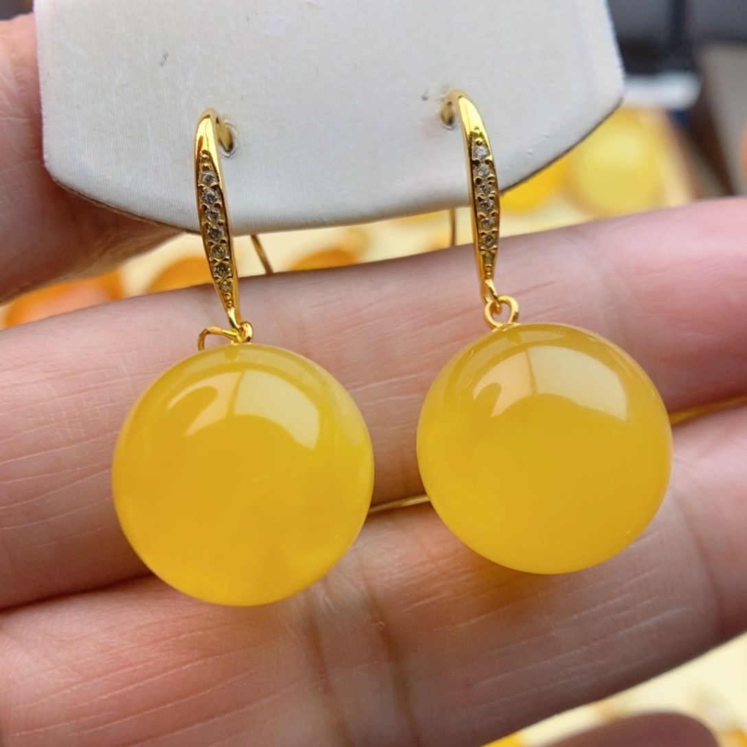 琥珀耳饰银S925镀金镶嵌