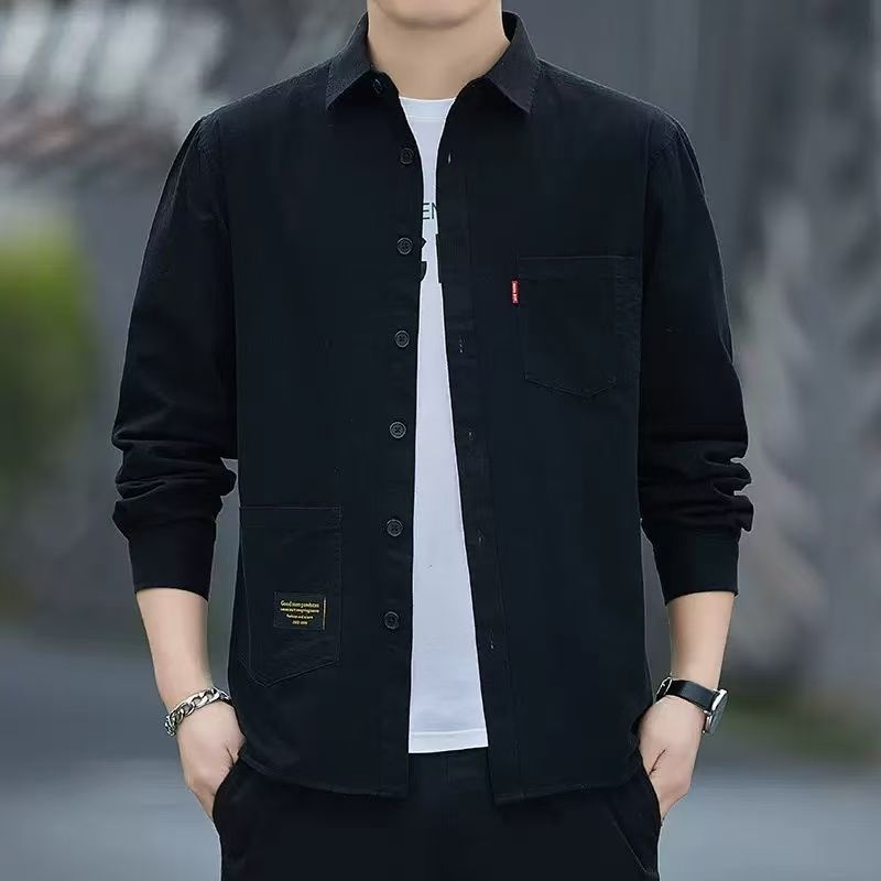 春秋季男士高档大码工装商务衬衫长袖开衫外套上衣百搭休闲工装衬