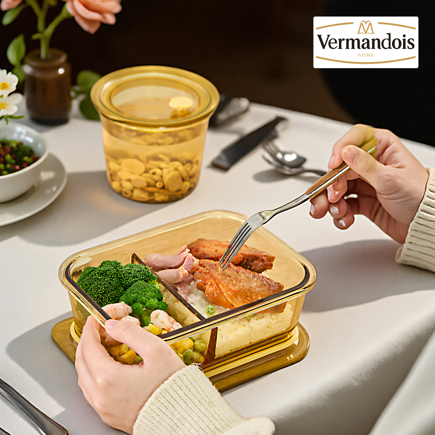 琥珀色玻璃分隔保鲜盒高硼硅餐盒耐高温微波炉烤箱专用冰箱保鲜盒