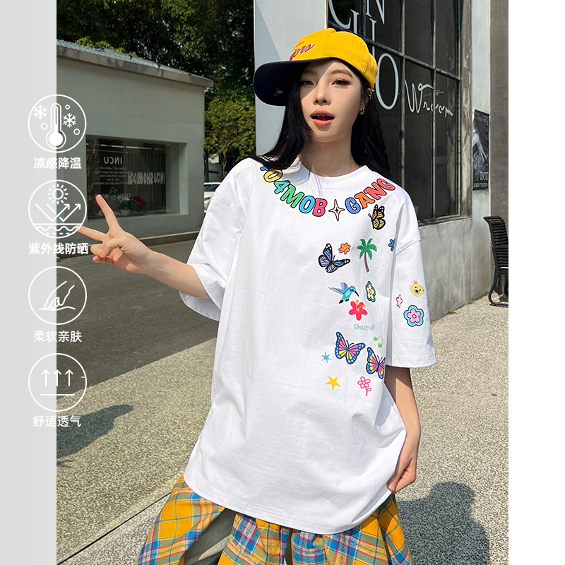 【徐艺洋同款】404MOB白墨直喷卡通涂鸦印花短袖T恤男女防晒凉感